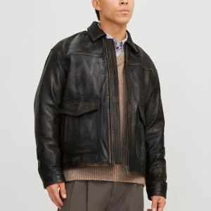 CHAQUETA DE CUERO WALLACE - Brown Stone Detail:WASHED